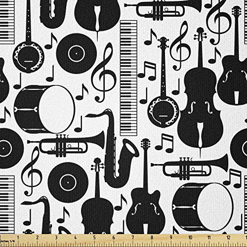 Lunarable Jazz Fabric by The Yard Silhouette of Musical Instruments Trumpet Saxophone Guitar Drum and Keyboard Stretch Knit Fabric for Clothing Sewing and Arts Crafts 1 Yard White and Black Lunarable Jazz Fabric by The Yard Silhouette of Musical Instruments Trumpet Saxophone Guitar Drum and Keyboard Stretch Knit Fabric for Clothing Sewing and Arts Crafts 1 Yard White and Black