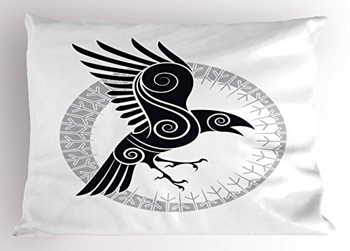 Printawe Raven Pillow Sham Bird Abstract Celtic Style Inside Runic Circle Design Decorative Standard Queen Size Printed Pillowcase 30 inch X 20 inch Grey White