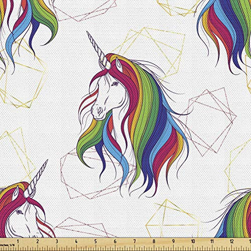 Ambesonne Unicorn Fabric by The Yard Fantasy Horse Creature Rainbow Mane and Polygonal Geometric Forms Dream Modern Art Decorative Fabric for Upholstery and Home Accents 1 Yard Yellow White