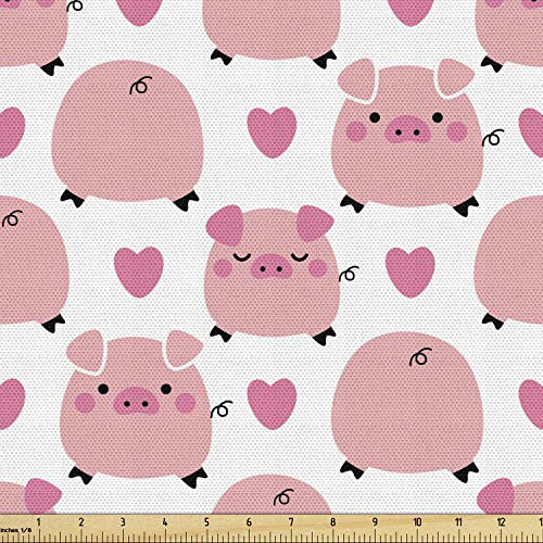 Ambesonne Cartoon Fabric by The Yard Animals Theme Pattern of Childish Pigs Along Heart Shapes on Plain Background Decorative Fabric for Upholstery and Home Accents 1 Yard Pink White