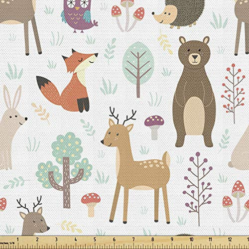 Lunarable Forest Fabric by The Yard Childish Hand Drawn Bear Owl Hedgehog Mushroom Moose Rabbits Baby Friends Pattern Decorative Fabric for Upholstery and Home Accents 1 Yard Brown Camel