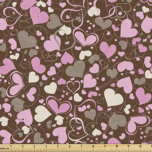 Lunarable Hearts Fabric by The Yard Surrealism Inspired Valentines Day Illustration Dotted Lines Swirls and Hearts Decorative Fabric for Upholstery and Home Accents 1 Yard Brown Cream