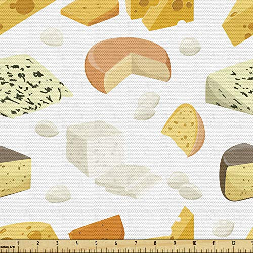 Lunarable Cheese Fabric by The Yard Composition of Various Delicious and Fresh Milk Products Repetition Decorative Fabric for Upholstery and Home Accents 1 Yard Mustard Brown