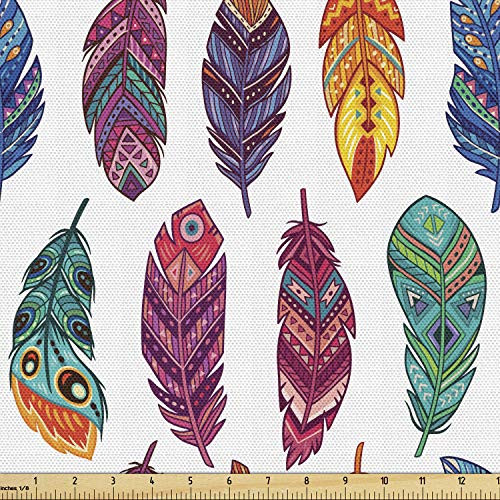 Lunarable Feather Fabric by The Yard Colorful Bohemian Motifs with Triangles Dots and Rhombuses Cartoon Illustration Decorative Fabric for Upholstery and Home Accents 1 Yard Purple Teal Lunarable Feather Fabric by The Yard Colorful Bohemian Motifs with Triangles Dots and Rhombuses Cartoon Illustration Decorative Fabric for Upholstery and Home Accents 1 Yard Purple Teal