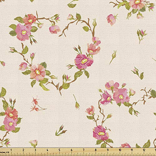Lunarable Floral Fabric by The Yard Shabby Form Style Flowers Blossoms on Branches Spring Theme Nature Pattern Decorative Fabric for Upholstery and Home Accents 1 Yard Pink Green
