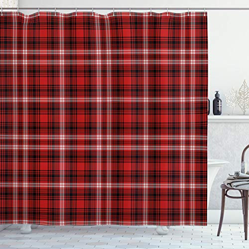 Ambesonne Plaid Shower Curtain Nostalgic Striped Pattern from British Country Constrasting Colors Cloth Fabric Bathroom Decor Set with Hooks 75 inch Long Scarlet Black White