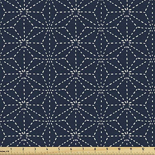Lunarable Japanese Fabric by The Yard Oriental Motifs with Dotted Lines Geometric Shapes on Blue Shade Backdrop Decorative Fabric for Upholstery and Home Accents Indigo and White
