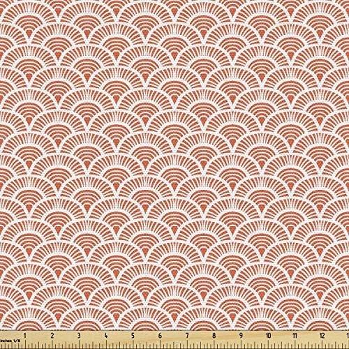 Ambesonne Asian Fabric by The Yard Scale Pattern with Half Circles and Lines Geometrical Elements Abstract Boho Tribal Decorative Fabric for Upholstery and Home Accents Orange White