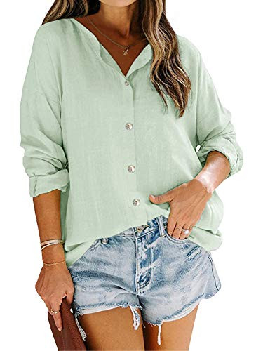 Makkrom Womens Long Sleeve Button Down Cotton Linen Shirt Blouse Loose Fit Casual V-Neck Tops Mint Green