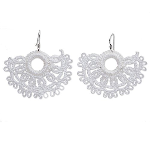 NOVICA Crochet Cotton Dangle Earrings with .925 Sterling Silver Hooks White Sun