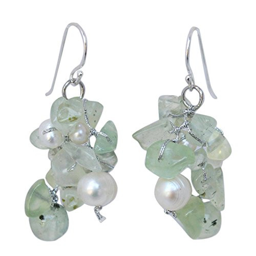 NOVICA Cultured Freshwater Pearl and Prehnite Cluster Earrings Thai Whisper