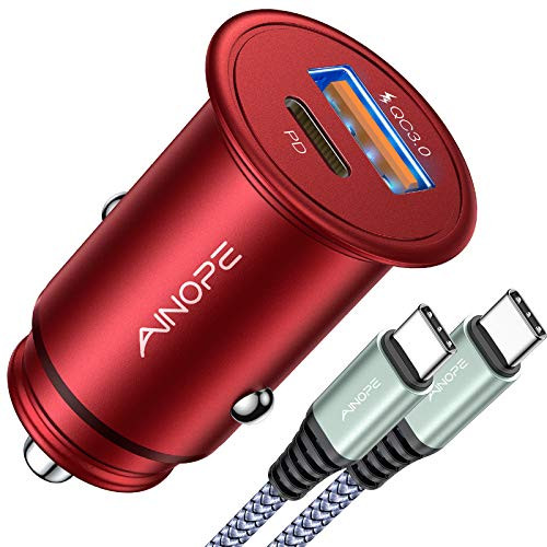 USB C Car Charger Super Mini AINOPE All Metal 36W Fast USB Car Charger PD and QC 3.0 Dual Port Car Adapter Compatible with iPhone 12/iPhone 11/Pro/Max/XR/XS/Max/8/8P Note 10/S10-Red