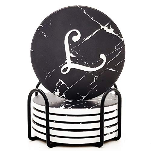 Monogram Coasters For Drinks Absorbent Coaster Set of 6 with Holder Black Marble Style Ceramic Drink Coaster Sets With Cork Base Monogrammed Letter L Monogram Coasters For Drinks Absorbent Coaster Set of 6 with Holder Black Marble Style Ceramic Drink Coaster Sets With Cork Base Monogrammed Letter L