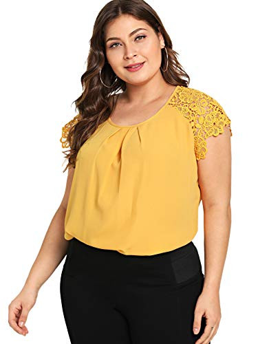 Romwe Womens Plus Size Short Sleeve Crew Neck Lace Hollow Casual Blouse Tops Yellow 4X Plus