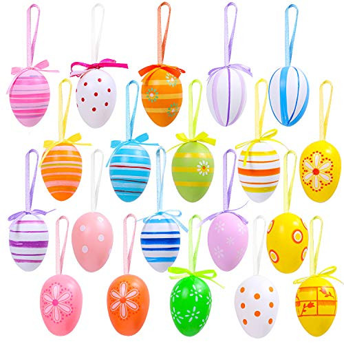 Elcoho 20 Pieces Easter Hanging Eggs Colorful Plastic Easter Eggs Easter Hanging Ornaments Easter Decoration Random Styles