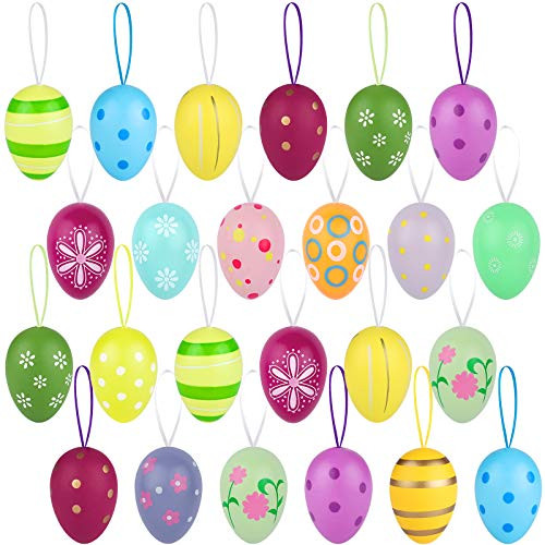 Elcoho 24 Pieces Easter Hanging Eggs Colorful Plastic Easter Eggs Easter Hanging Ornaments Easter Decoration Random Styles