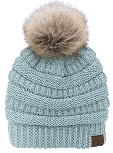C.C Soft Stretch Cable Knit Ribbed Faux Fur Pom Pom Fuzzy Sherpa Fleece Lined Skull Cap Cuff Beanie Hat Mint
