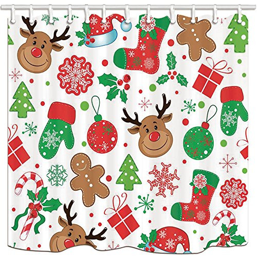 NYMB Christmas Shower Curtains for Bathroom Reindeer with Gingerbread Man for Kids Polyester Fabric Waterproof New Year Bath Curtain Shower Curtain Hooks Included 69X70in