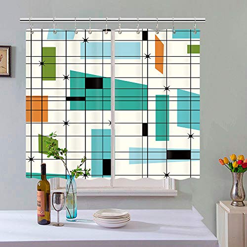 Mid Century Kitchen Curtains Teal Mid Retro Grid Starbursts Orange Century Modern Retro 1950S 1960S MCM Window Curtain Panel Retro Modern Window Curtain Panels Sets with Hooks 55X39 in