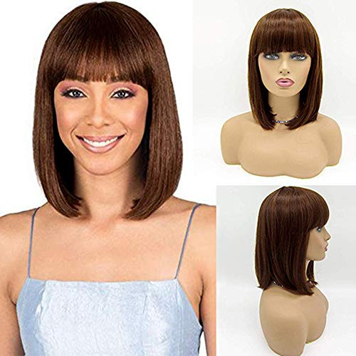ZM Bob Short Hair Wig Light Brown Wigs for Black Women Heat Resistant Yaki Synthetic Hair Brown Womens Wig With Hair Bangs