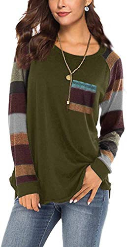 Womens Color Block Tops Long Sleeve T Shirts Casual Tunic Raglan Blouses Green S