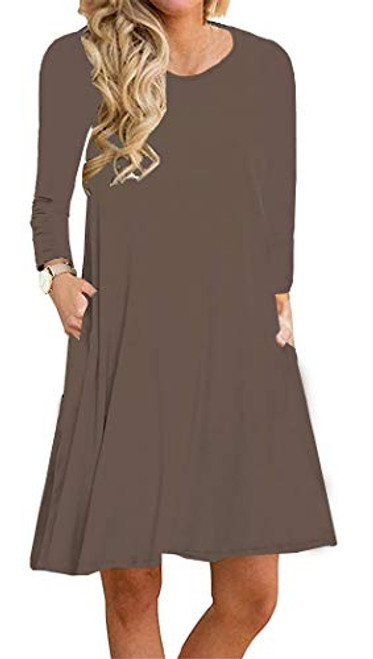 Long Sleeve Tshirt Dresses for Women Solid Swing Dresses with Pockets Casual Loose Tunic Dress Brown XX-Large