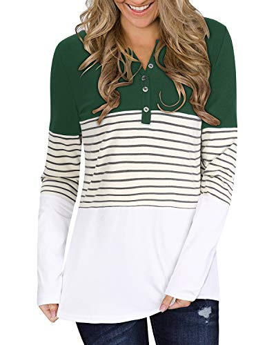 II ININ Womens Long Sleeve V Neck Color Block Button Down Shirt Striped Tunic Casual Henley Blouse Tops-Army GreenXX-Large-