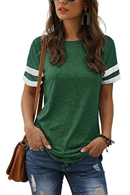 Adibosy Womens Short Sleeve T Shirt Summer Casual Loose Tee Tops Striped Color Block Crewneck Tunic Blouse Green XL
