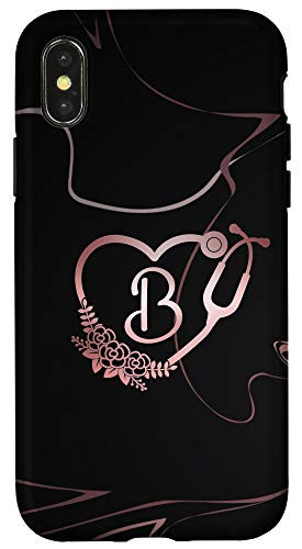 iPhone X/XS Cute Letter B Initial Monogram Nurse Rose Pink Stethoscope Case