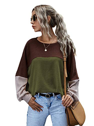 Romwe Womens Long Sleeve Waffle Knit Shirts Color Block Loose Tunic Tops Blouse Green M