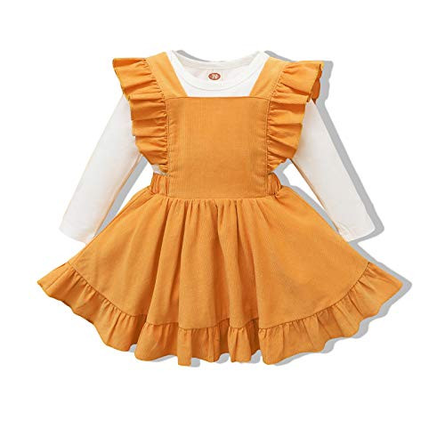 veikimous Newborn Baby Girl Clothes Infant Suspender Skirt Ruffle Romper Cute Yellow Overalls Dress Toddler Baby Girl Outfit 3-6 Months