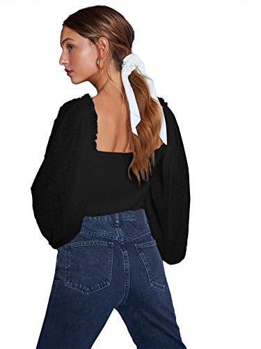 MakeMeChic Womens Swiss Dots Frill Trim Bishop Sleeve Crop Blouse Black S