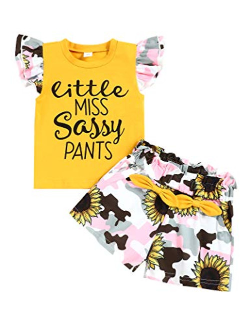 Toddler Girl Clothes Baby Cute Sleeveless Ruffle Vest  Plus Printed Shorts Little Girls Summer Outfits Set Yellow -Size 110/3-4T- Toddler Girl Clothes Baby Cute Sleeveless Ruffle Vest  Plus Printed Shorts Little Girls Summer Outfits Set Yellow -Size 110/3-4T-