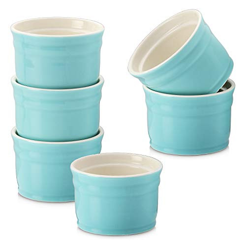 DOWAN Ramekins Porcelain Ramekins 6 oz Oven Safe Set of 6 Ramekins for Creme Brulee Souffle Dishes Custard Cups Dessert Small Bowls for Pudding Turquoise Ramekins for Baking