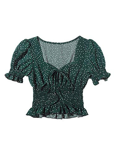 SheIn Womens Short Sleeve Polka Dot Blouse V Neck Shirred Tie Front Shirt Top Dark Green Large