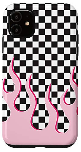 iPhone 11 Pastel Pink Fire Flames Case Checkered Pattern Goth Punk Case