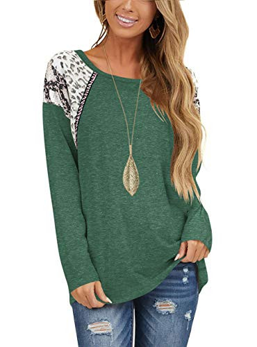 liher Shirts for Women Round Neck Long Sleeve Leopard Color Block Loose Casual Tops Blouses Tunics Green