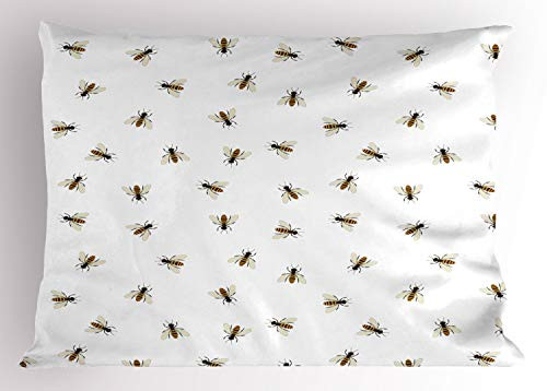 Ambesonne Queen Bee Pillow Sham Hand Drawn Flying Insects on a Plain Background Decorative Standard Queen Size Printed Pillowcase 30 inch X 20 inch Earth Yellow Charcoal Grey Eggshell White
