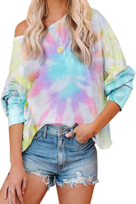 Jug and Po Womens Color Block Crewneck Tie Dye Sweatshirt Long Sleeve Casual Loose Fit Pullover Sweatshirt Tops -Yellow-22 Large-