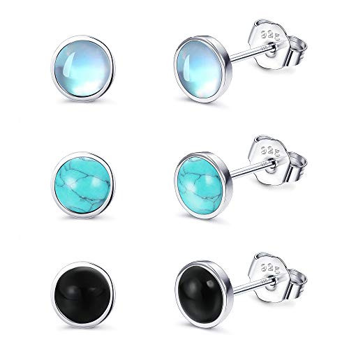 Fansilver 4MM 925 Sterling Silver Stud Earrings for Womens Teens Moonstone Earrings Turquoise Black Earrings Round Gemstone Stud Gift Christmas Valentines Day
