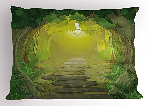 Ambesonne Forest Pillow Sham Pathway with Trees and Ferns Fairytale Decorative Standard Queen Size Printed Pillowcase 30 inch X 20 inch Sage Yellow and Fern Green