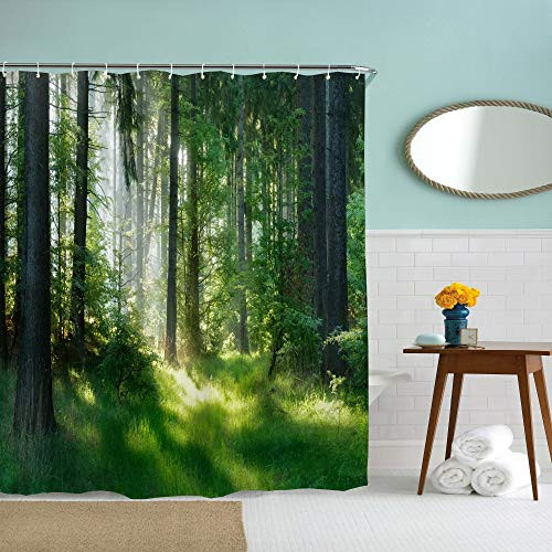 IcosaMro Forest Shower Curtain for Bathroom with Hooks Sunbeams Through Fog Mystic Forest Decorative Long Cloth Fabric Bath Decorations 71Wx72L Green