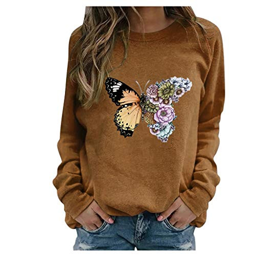 COOKI Pullover Sweatshirts for Women Casual Butterfly Graphic Printed Crewneck Long Sleeve Jumper Tops Shirts Blouse Brown