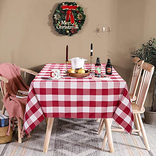 Haperlare Checkered Square Tablecloth Farmhouse Gingham Plaid Yarn Dyed Textured Table Cloth Wrinkle Free Table Covers for Outdoor Picnic Kitchen and Holiday Dinner 55 x 55 Inch Red and White