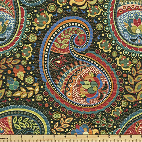 Lunarable Paisley Fabric by The Yard Vibrant Colored Floral Elements in Iranian Teardrop with a Curve Motif Ancestral Decorative Fabric for Upholstery and Home Accents 1 Yard Green Yellow