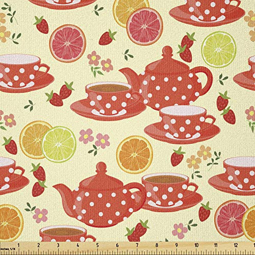 Ambesonne Modern Fabric by The Yard Teapots and Cup with Polka Dots Lime Orange and Strawberry Fruits Display Stretch Knit Fabric for Clothing Sewing and Arts Crafts 1 Yard Yellow Scarlet