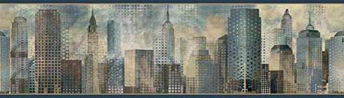 Chesapeake MAN01821B Blake Skyline Wallpaper Border, Blue