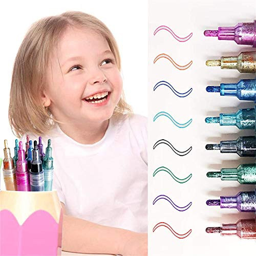 znvwki 8Pcs Outline Metallic Markers Double Line Super Squiggles Shimmer Marker Set 8 Pens Per Set Self-Outline Metallic Markers Double Line Pen for Scrapbook Crafts Journal DIY Art Creation