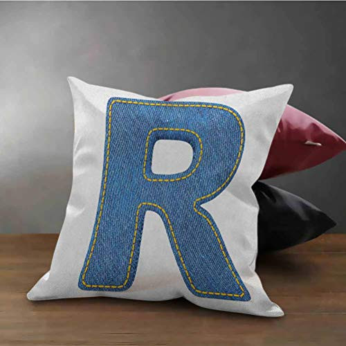 HouseLook Letter R Cushion Cover Decorative Retro Denim Style Alphabet Font Pattern with Capital R Letter Blue Jean Design Used for Sofa?Office?Bedding?Car and Couch Blue Yellow -16 inchx16 inch-