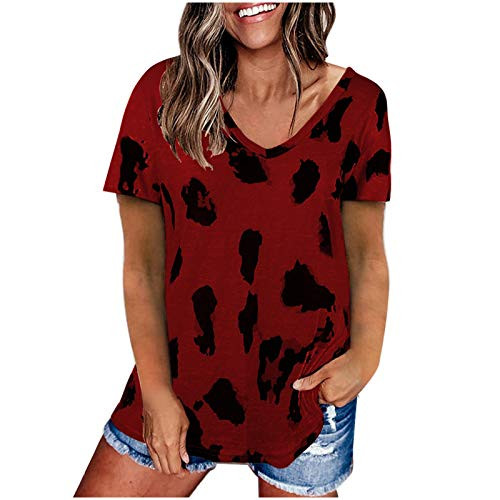 Womens Basic Tops Casual Leopard Print Raglan Short Sleeve T-Shirt Tunic Loose Crewneck Blouse Summer Top Tees Wine